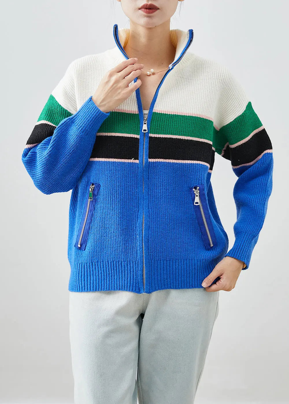 Original Design Blue Zip Up Patchwork Knit Coats Fall Ada Fashion