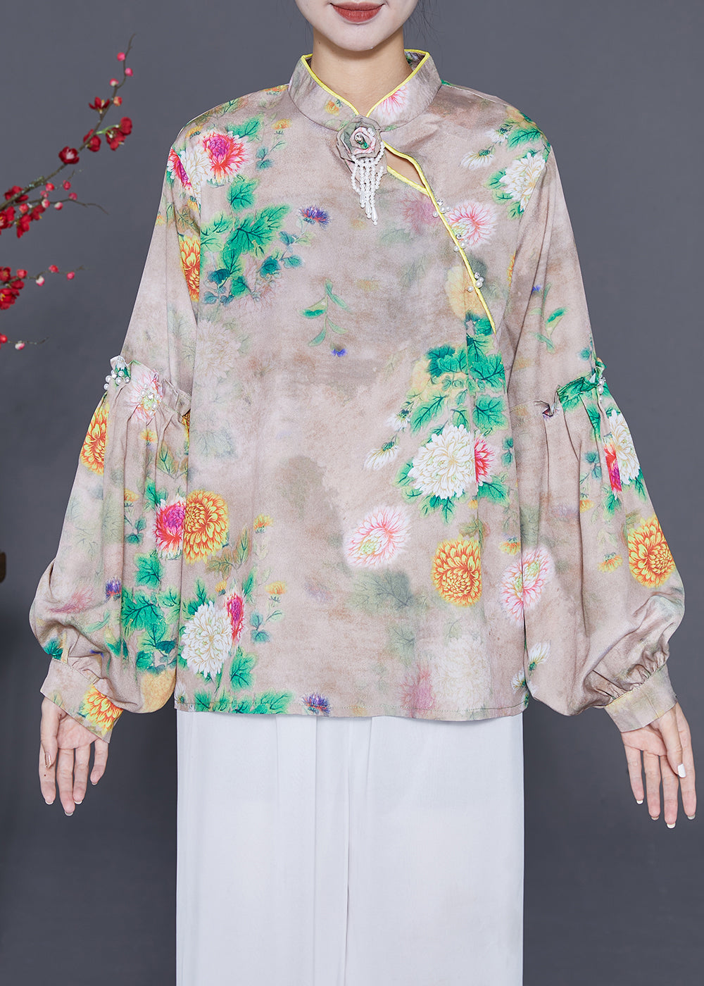 Original Design Mandarin Collar Print Tassel Silk Shirts Lantern Sleeve Ada Fashion
