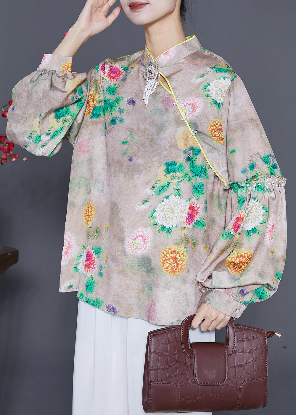 Original Design Mandarin Collar Print Tassel Silk Shirts Lantern Sleeve Ada Fashion