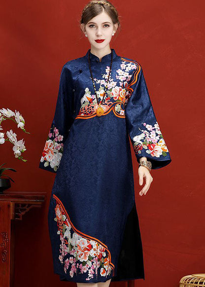 Original Design Navy Embroideried Jacquard Silk Chinese Style Dress Vestidos Spring LY1684 - fabuloryshop