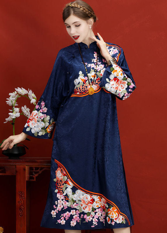 Original Design Navy Embroideried Jacquard Silk Chinese Style Dress Vestidos Spring LC0211 - fabuloryshop