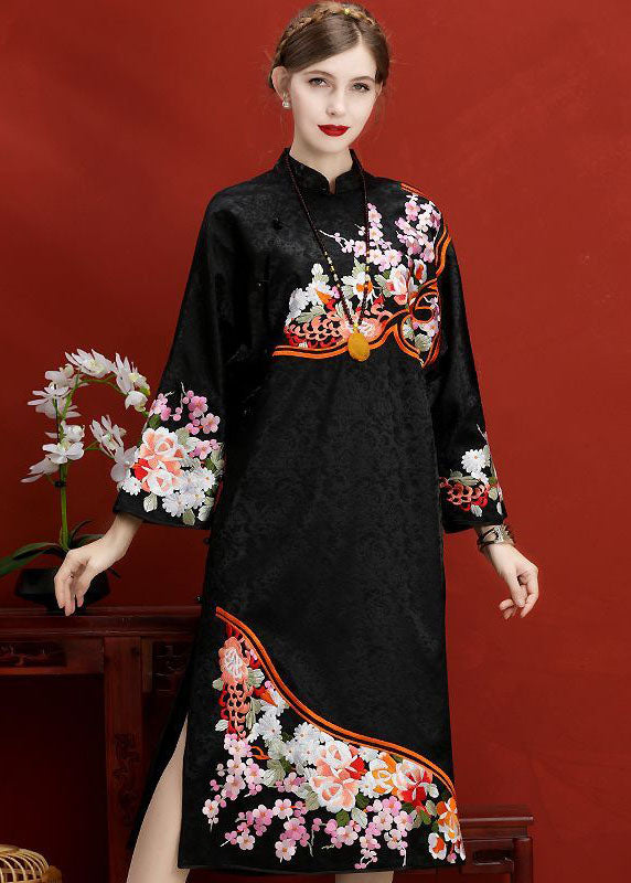 Original Design Navy Embroideried Jacquard Silk Chinese Style Dress Vestidos Spring LC0211 - fabuloryshop