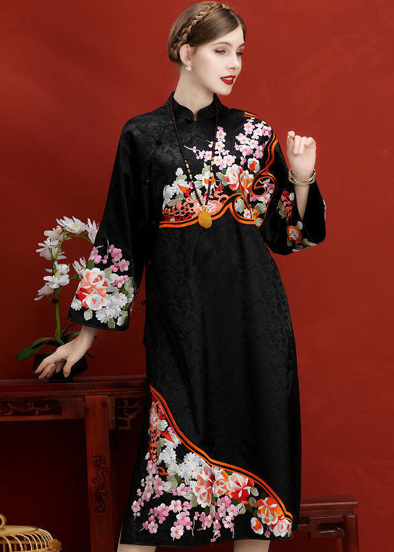 Original Design Navy Embroideried Jacquard Silk Chinese Style Dress Vestidos Spring LC0211 - fabuloryshop