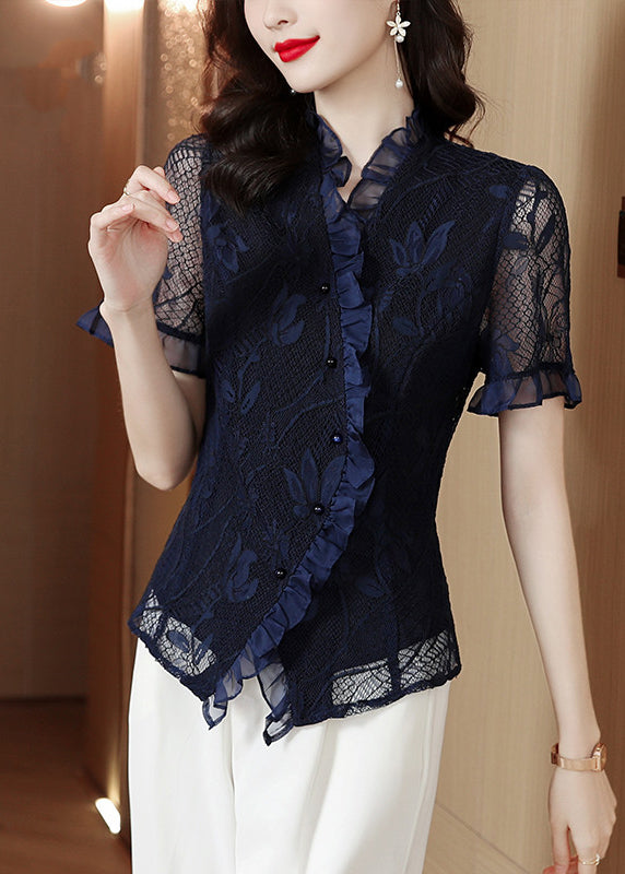 Original Design Navy Ruffled Hollow Out Lace Shirt Summer LY0418