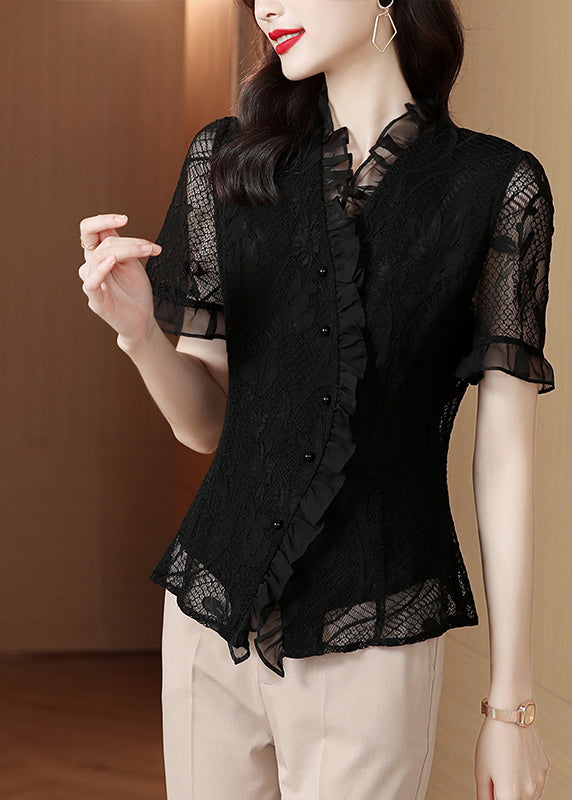 Original Design Navy Ruffled Hollow Out Lace Shirt Summer LY0418 - fabuloryshop