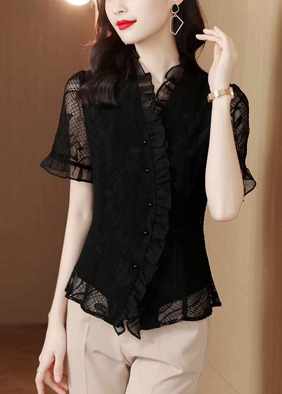 Original Design Navy Ruffled Hollow Out Lace Shirt Summer LY0418 - fabuloryshop