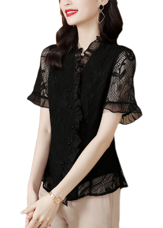 Original Design Navy Ruffled Hollow Out Lace Shirt Summer LY0418
