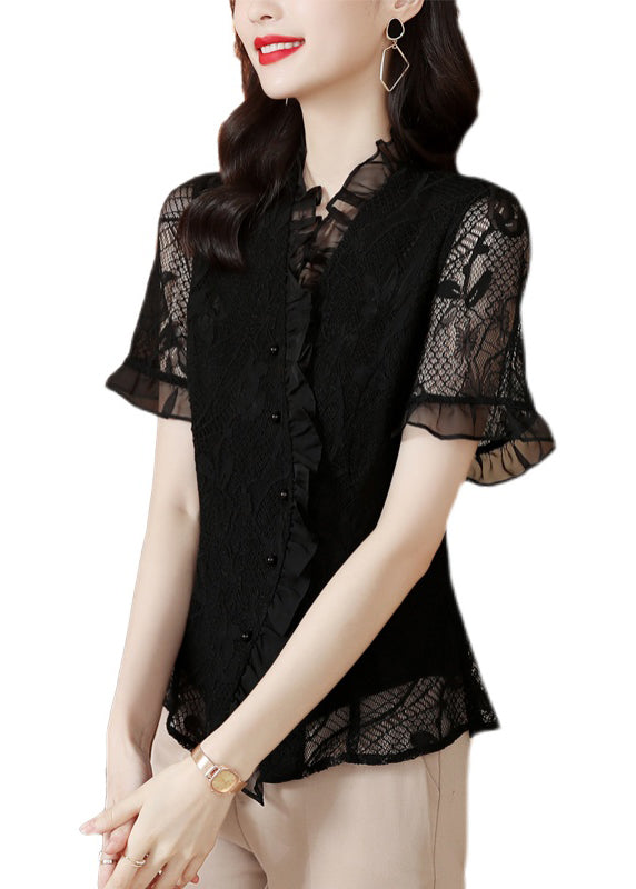 Original Design Navy Ruffled Hollow Out Lace Shirt Summer LY0418 - fabuloryshop