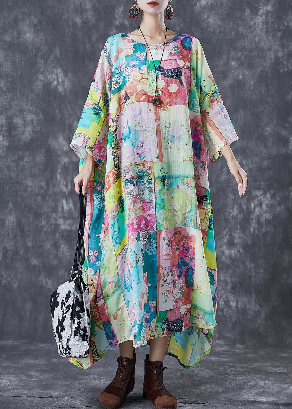 Original Design Oversized Print Linen Maxi Dresses Bracelet Sleeve Ada Fashion