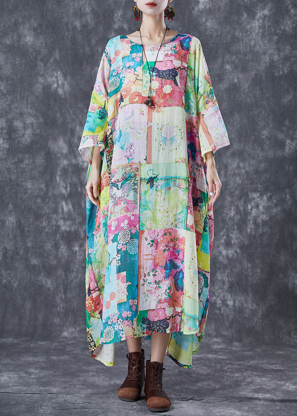 Original Design Oversized Print Linen Maxi Dresses Bracelet Sleeve TD1068 - fabuloryshop