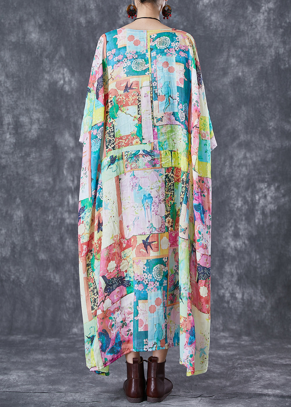 Original Design Oversized Print Linen Maxi Dresses Bracelet Sleeve TD1068 - fabuloryshop