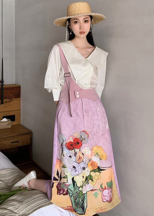 Original Design Sailor Collar Asymmetrical Design Print Silk Tops And Skirts Two-Piece Set Summer Ada Fashion