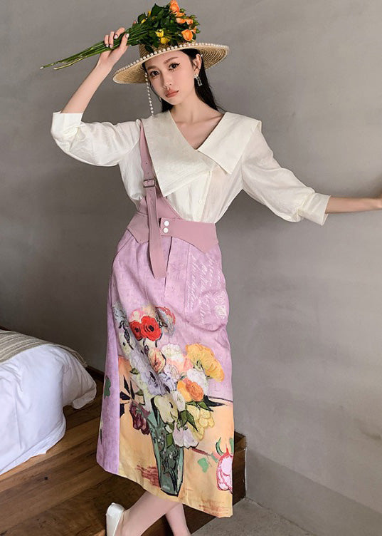 Original Design Sailor Collar Asymmetrical Design Print Silk Tops And Skirts Two-Piece Set Summer Ada Fashion