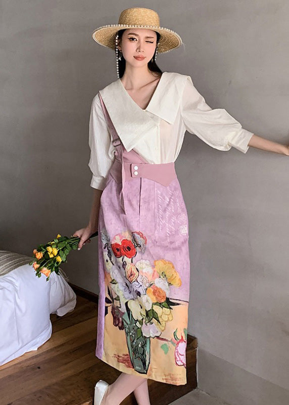 Original Design Sailor Collar Asymmetrical Design Print Silk Tops And Skirts Two-Piece Set Summer Ada Fashion