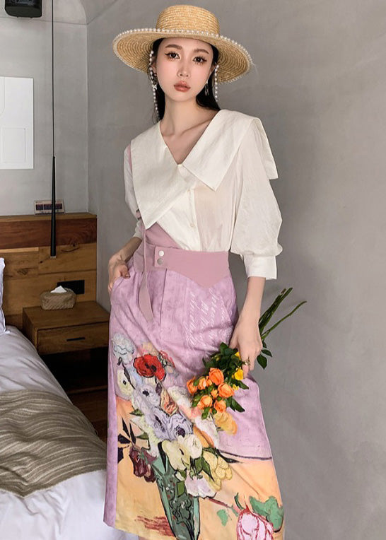 Original Design Sailor Collar Asymmetrical Design Print Silk Tops And Skirts Two-Piece Set Summer Ada Fashion