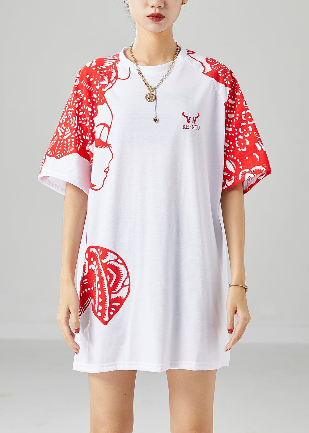 Original Design White Oversized Print Cotton Tops Summer LY6731 - fabuloryshop