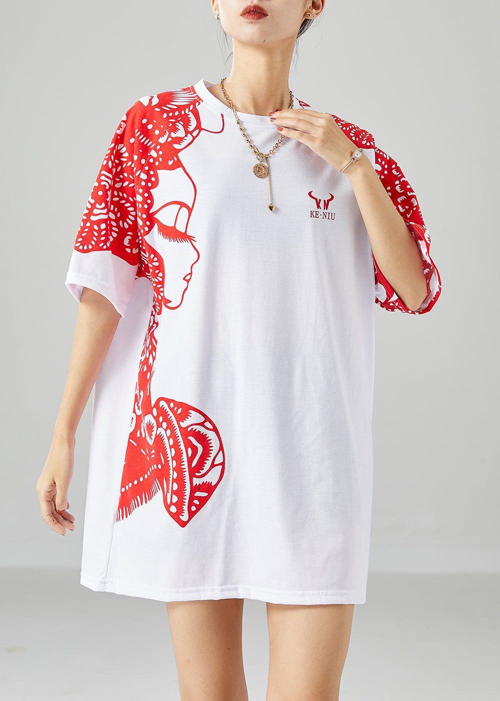 Original Design White Oversized Print Cotton Tops Summer LY6731 - fabuloryshop