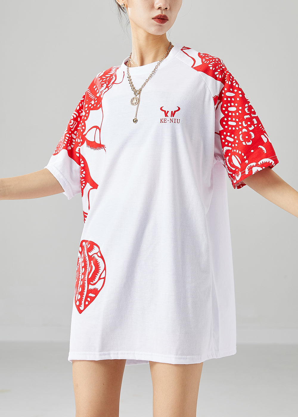 Original Design White Oversized Print Cotton Tops Summer LY6731 - fabuloryshop