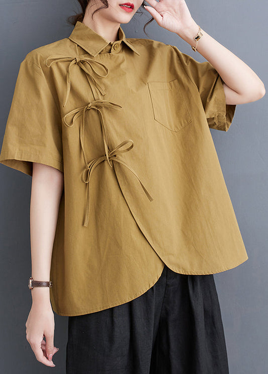 Original Design Yellow Oversized Lace Up Cotton Shirts Summer LY4921 - fabuloryshop