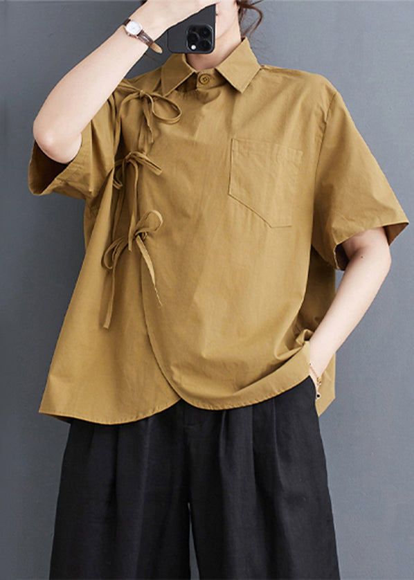 Original Design Yellow Oversized Lace Up Cotton Shirts Summer LY4921 - fabuloryshop