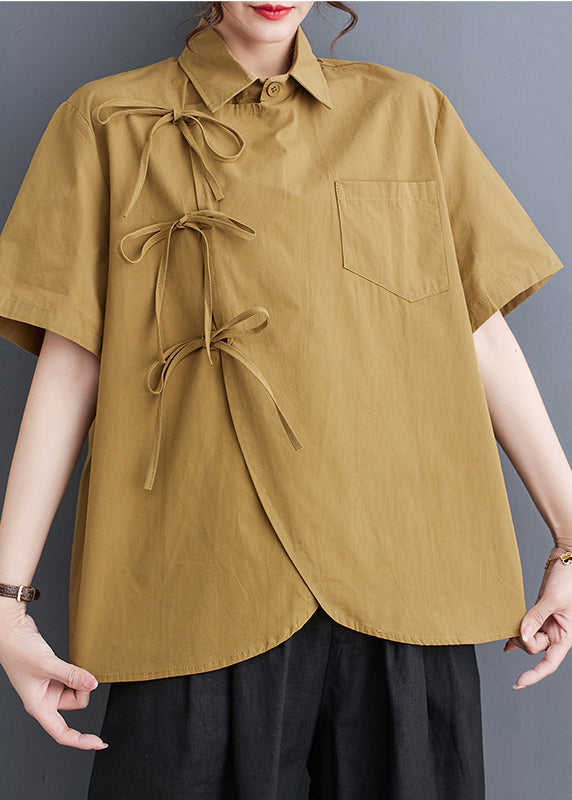 Original Design Yellow Oversized Lace Up Cotton Shirts Summer LY4921 - fabuloryshop