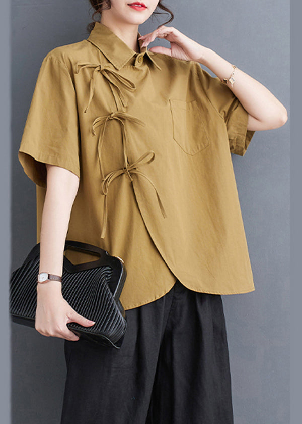 Original Design Yellow Oversized Lace Up Cotton Shirts Summer LY4921 - fabuloryshop