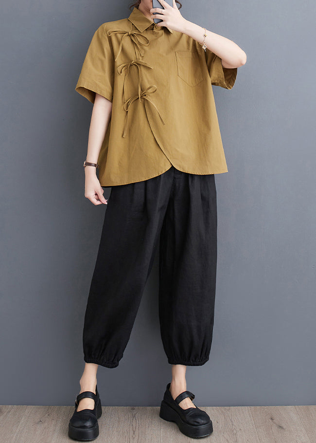 Original Design Yellow Oversized Lace Up Cotton Shirts Summer LY4921 - fabuloryshop