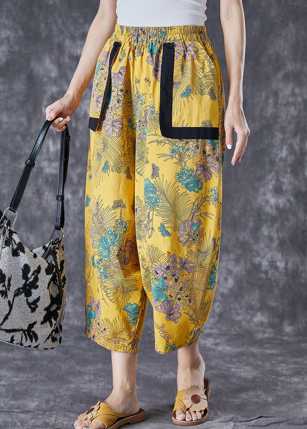 Original Design Yellow Oversized Print Cotton Pants Summer Ada Fashion