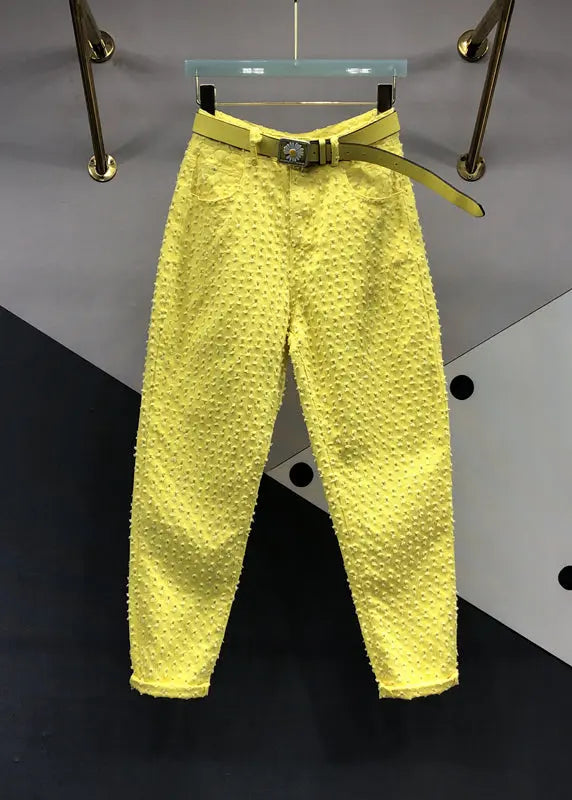 Original Design Yellow Pockets Hollow Out Denim Pants Fall Ada Fashion