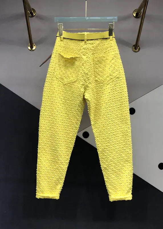 Original Design Yellow Pockets Hollow Out Denim Pants Fall Ada Fashion