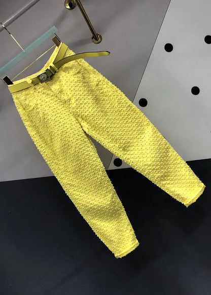 Original Design Yellow Pockets Hollow Out Denim Pants Fall Ada Fashion