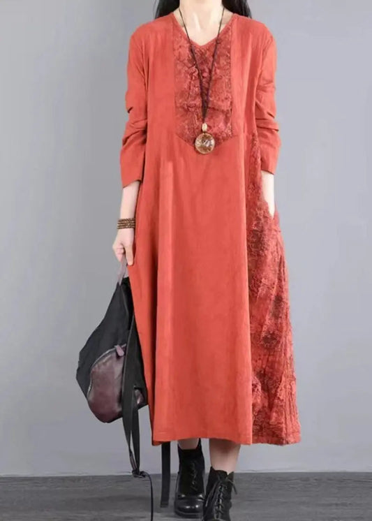 Original Orange V Neck Hollow Out Lace Patchwork Cotton Long Dresses Fall Ada Fashion