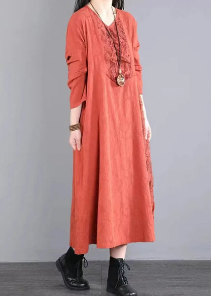 Original Orange V Neck Hollow Out Lace Patchwork Cotton Long Dresses Fall Ada Fashion