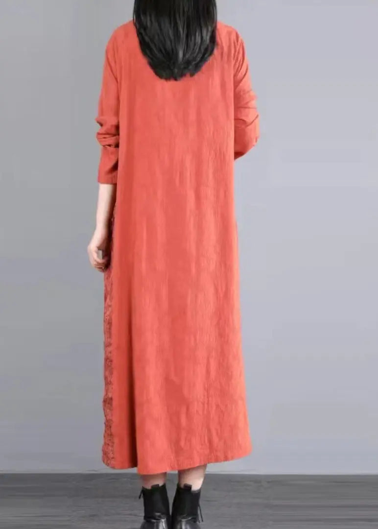 Original Orange V Neck Hollow Out Lace Patchwork Cotton Long Dresses Fall Ada Fashion