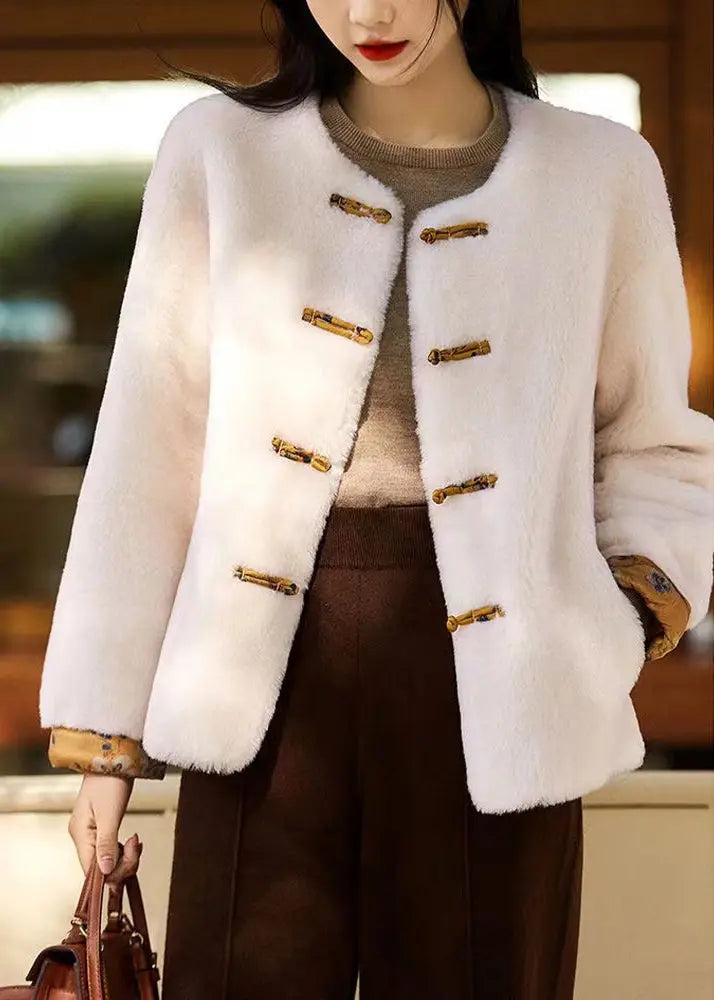 Original White O Neck Chinese Button Patchwork Wool Coats Winter Ada Fashion