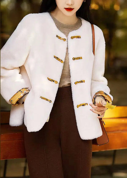 Original White O Neck Chinese Button Patchwork Wool Coats Winter Ada Fashion