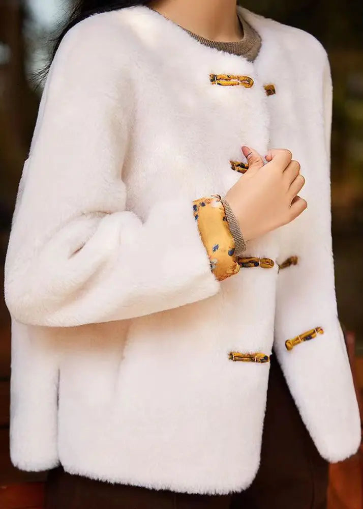 Original White O Neck Chinese Button Patchwork Wool Coats Winter Ada Fashion