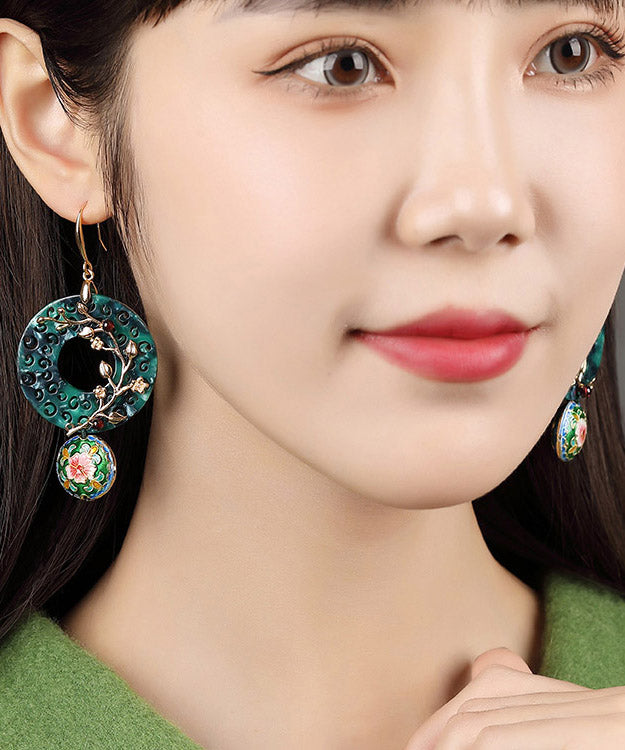 Oversize Green Copper Cloisonne Gem Stone Flower Drop Earrings LY2005 - fabuloryshop