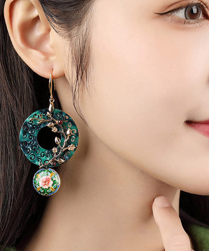 Oversize Green Copper Cloisonne Gem Stone Flower Drop Earrings LY2005 - fabuloryshop