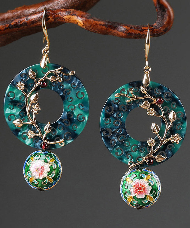 Oversize Green Copper Cloisonne Gem Stone Flower Drop Earrings LY2005 - fabuloryshop