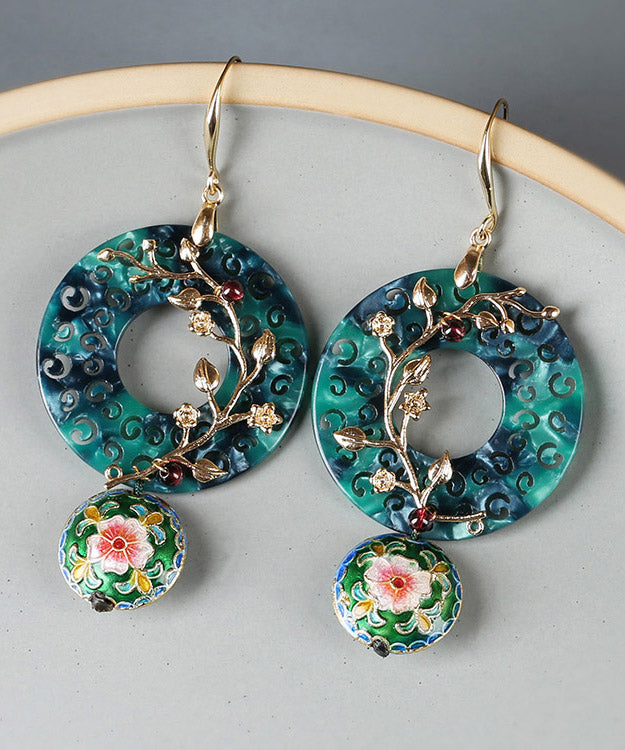 Oversize Green Copper Cloisonne Gem Stone Flower Drop Earrings LY2005 - fabuloryshop