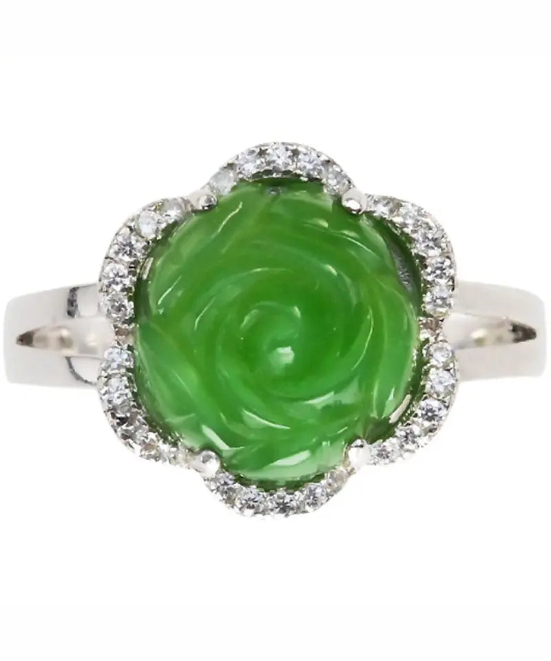 Oversize Green Sterling Silver Jade Zircon Floral Rings Ada Fashion