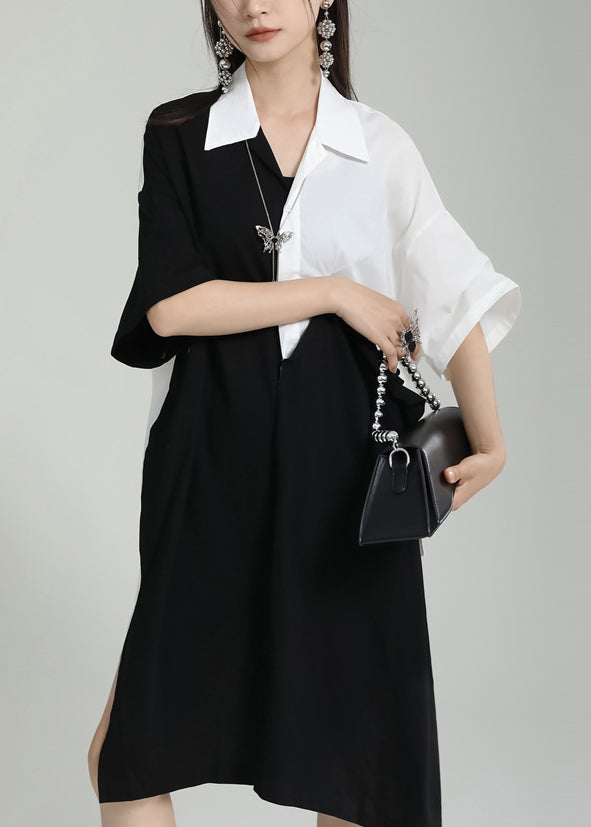 Oversized Black Peter Pan Collar Patchwork Cotton Shirts Dress Summer Ada Fashion