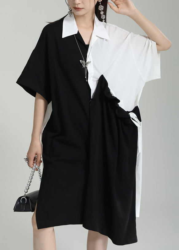Oversized Black Peter Pan Collar Patchwork Cotton Shirts Dress Summer Ada Fashion