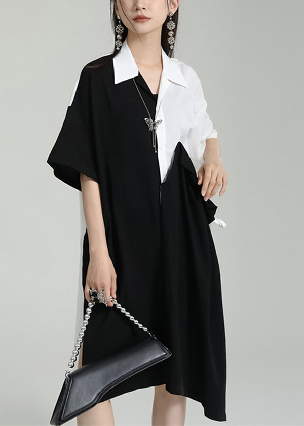 Oversized Black Peter Pan Collar Patchwork Cotton Shirts Dress Summer Ada Fashion