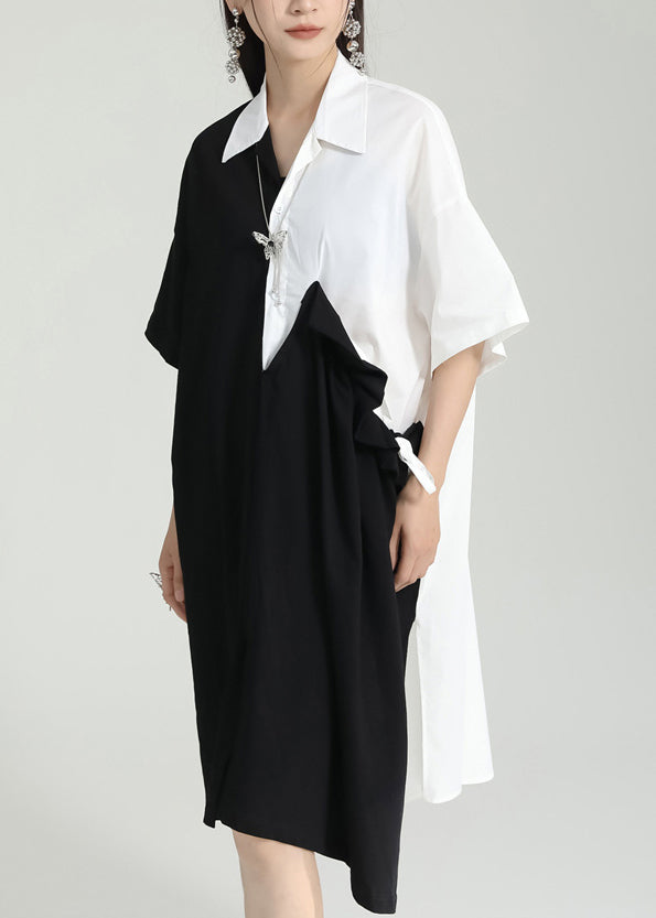Oversized Black Peter Pan Collar Patchwork Cotton Shirts Dress Summer Ada Fashion