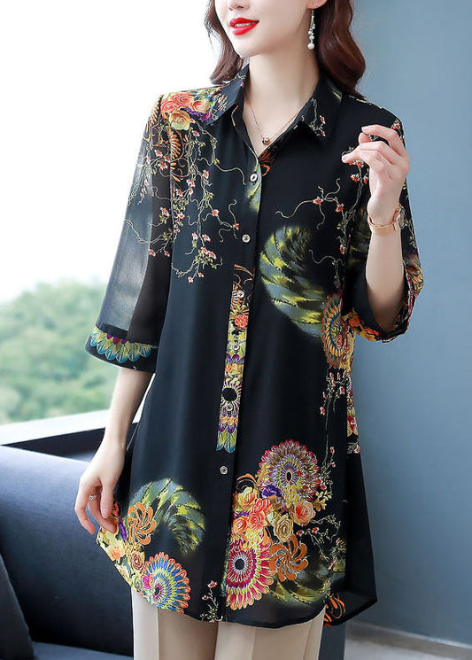 Oversized Black Peter Pan Collar Print Patchwork Chiffon Shirt Summer LY6741 - fabuloryshop