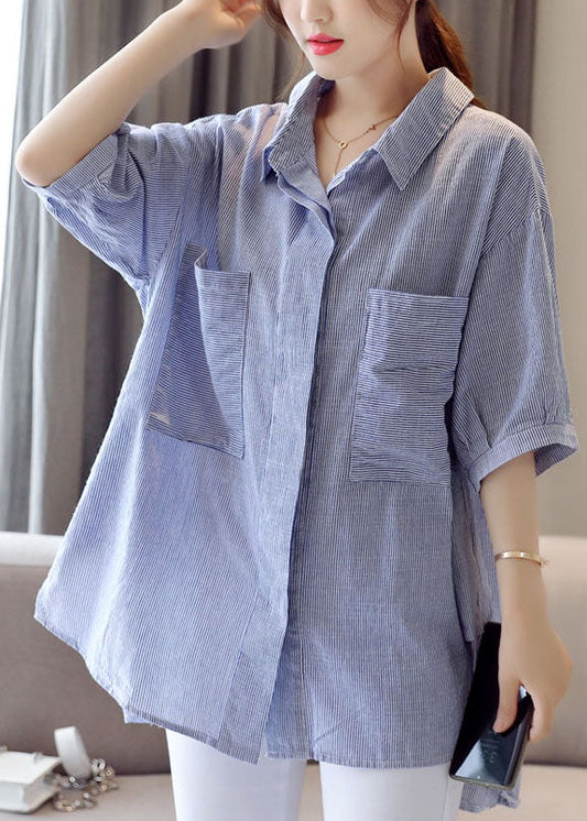 Oversized Blue Peter Pan Collar Striped Pockets Patchwork Cotton Shirts Top Summer Ada Fashion