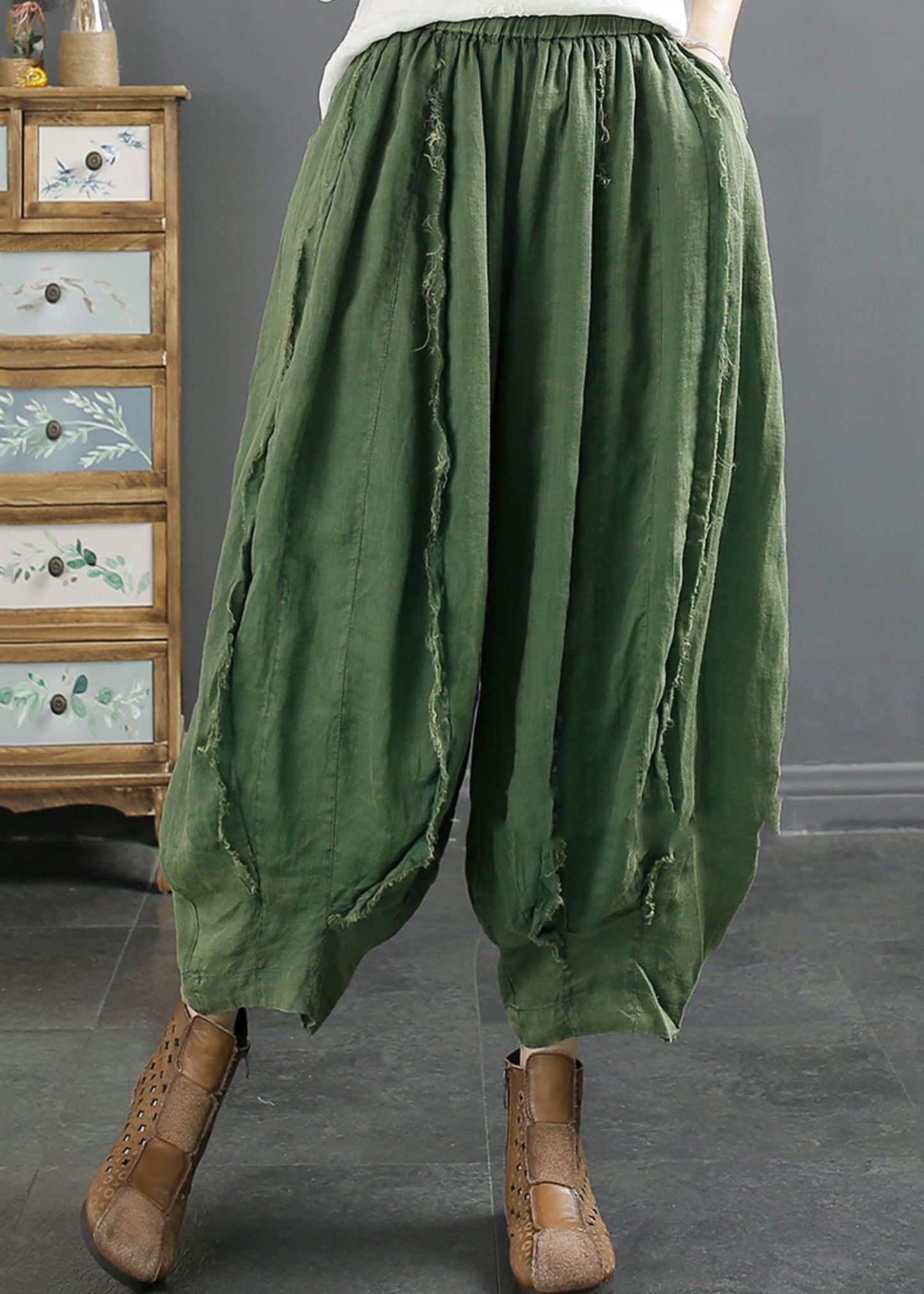 Oversized Green Pockets Wrinkled Patchwork Linen Harem Pants Summer Ada Fashion