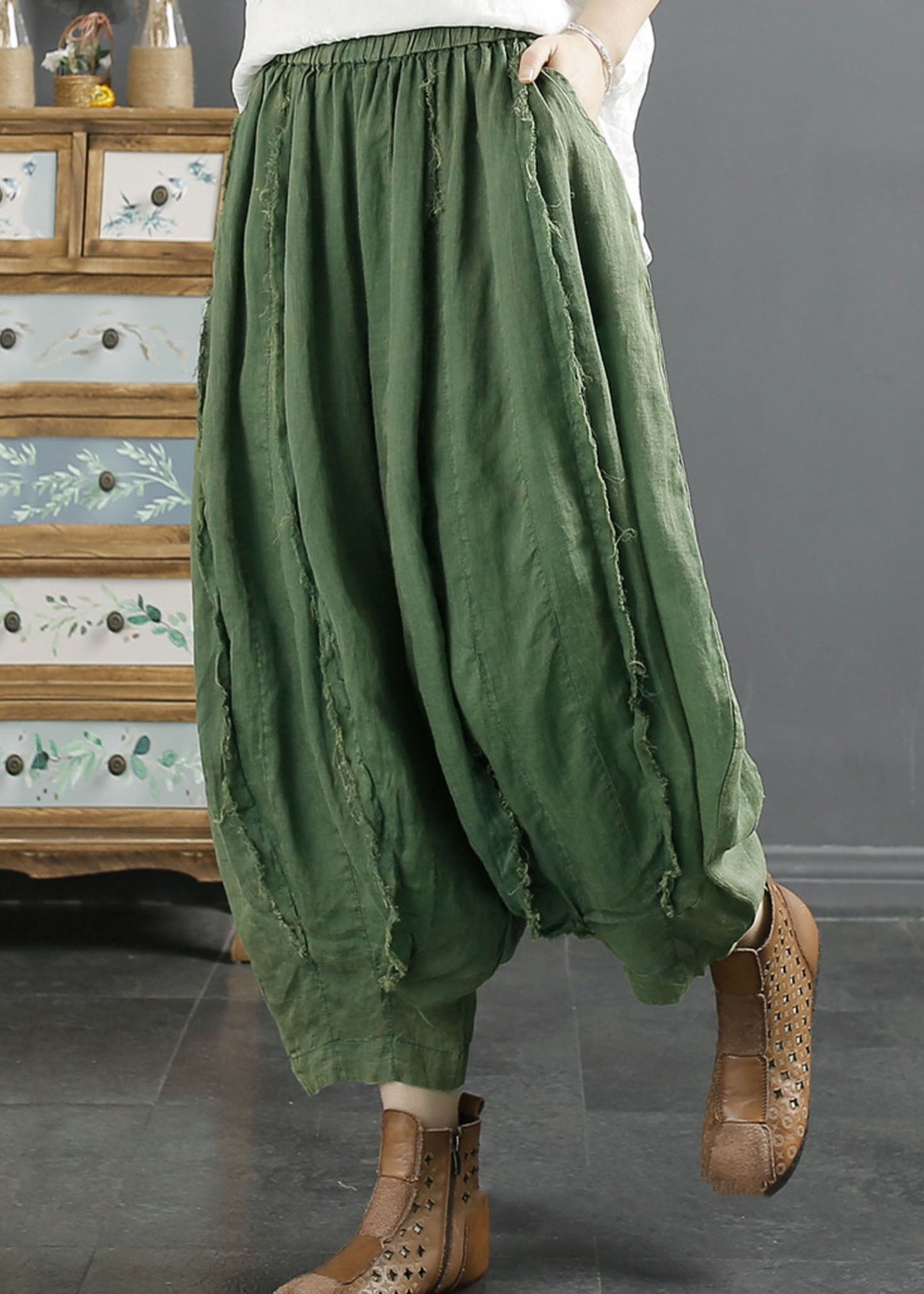 Oversized Green Pockets Wrinkled Patchwork Linen Harem Pants Summer Ada Fashion